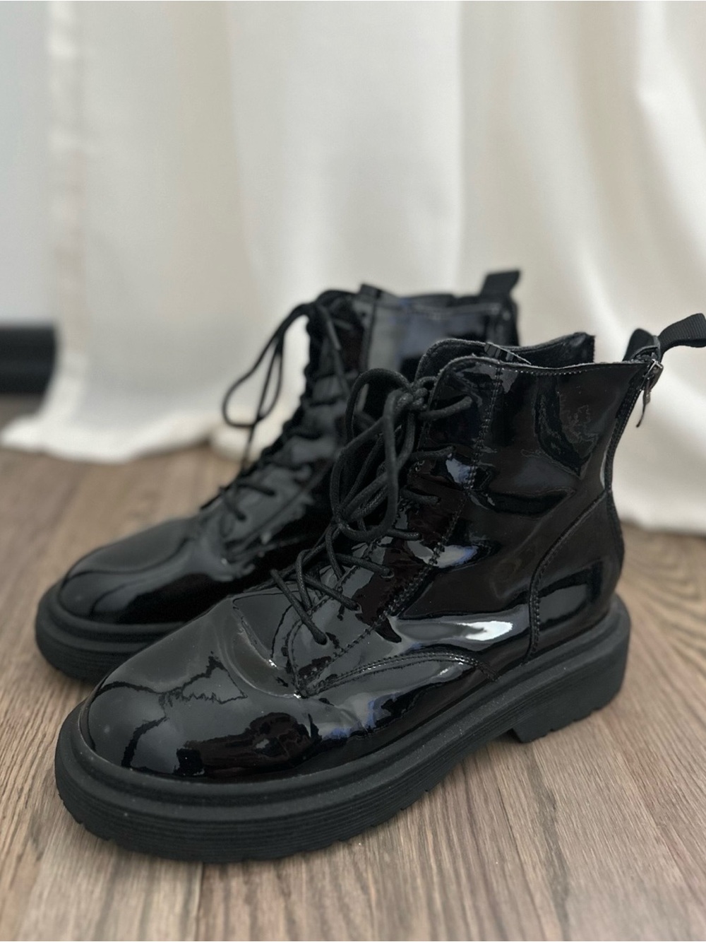 Women’s Black Patent Lace-Up Combat Boots